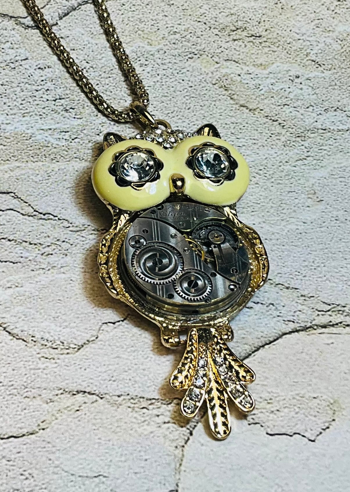Owl recycled parts necklace pocket watch vintage jewelry