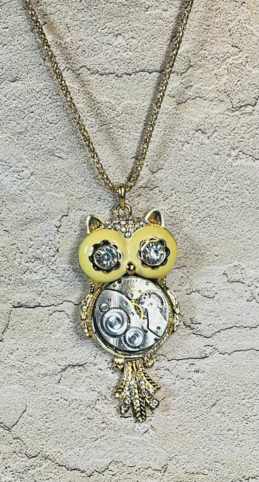 Owl recycled parts necklace pocket watch vintage jewelry