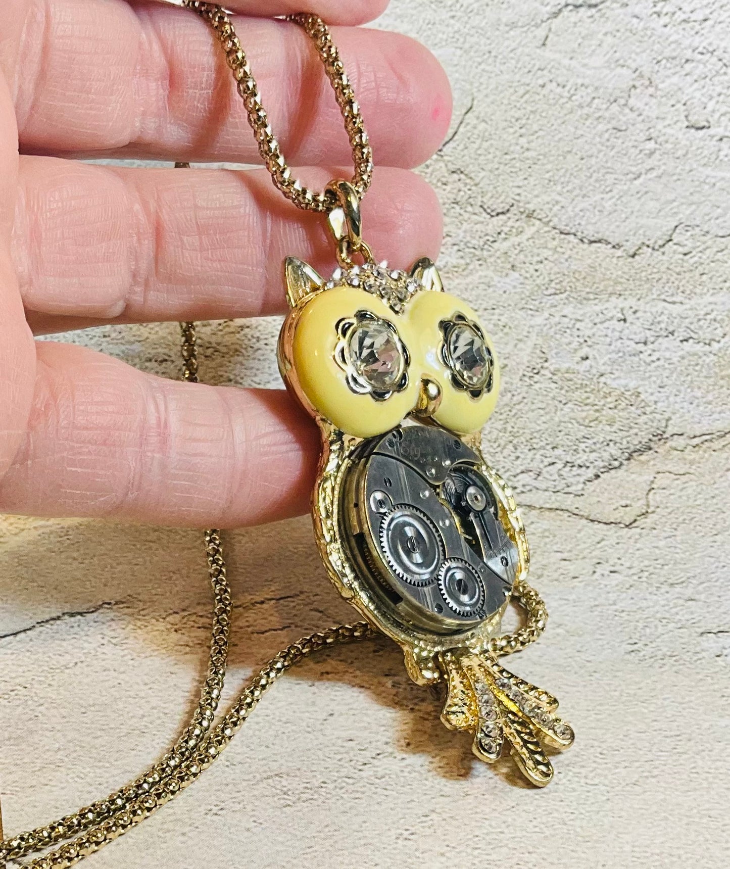 Owl recycled parts necklace pocket watch vintage jewelry