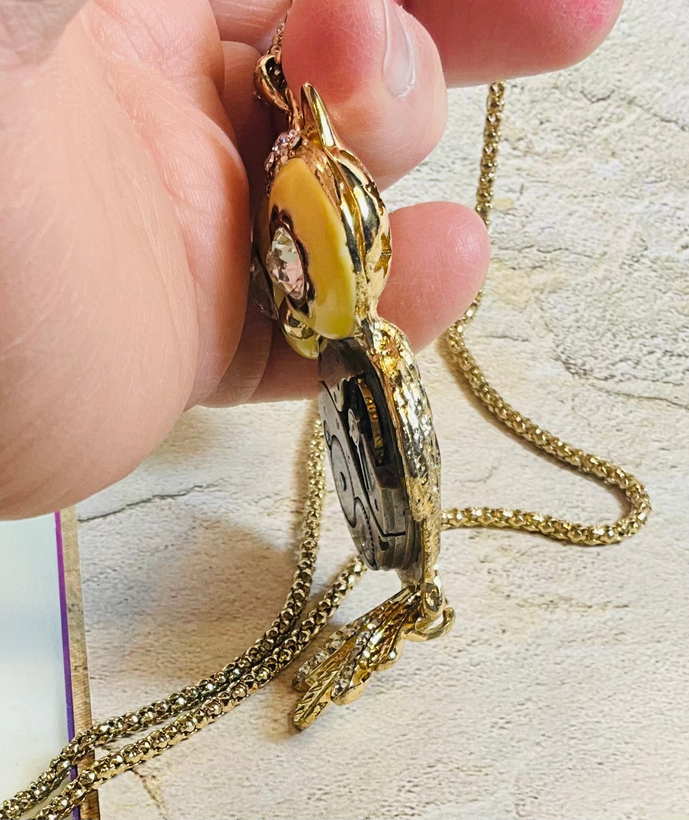 Owl recycled parts necklace pocket watch vintage jewelry