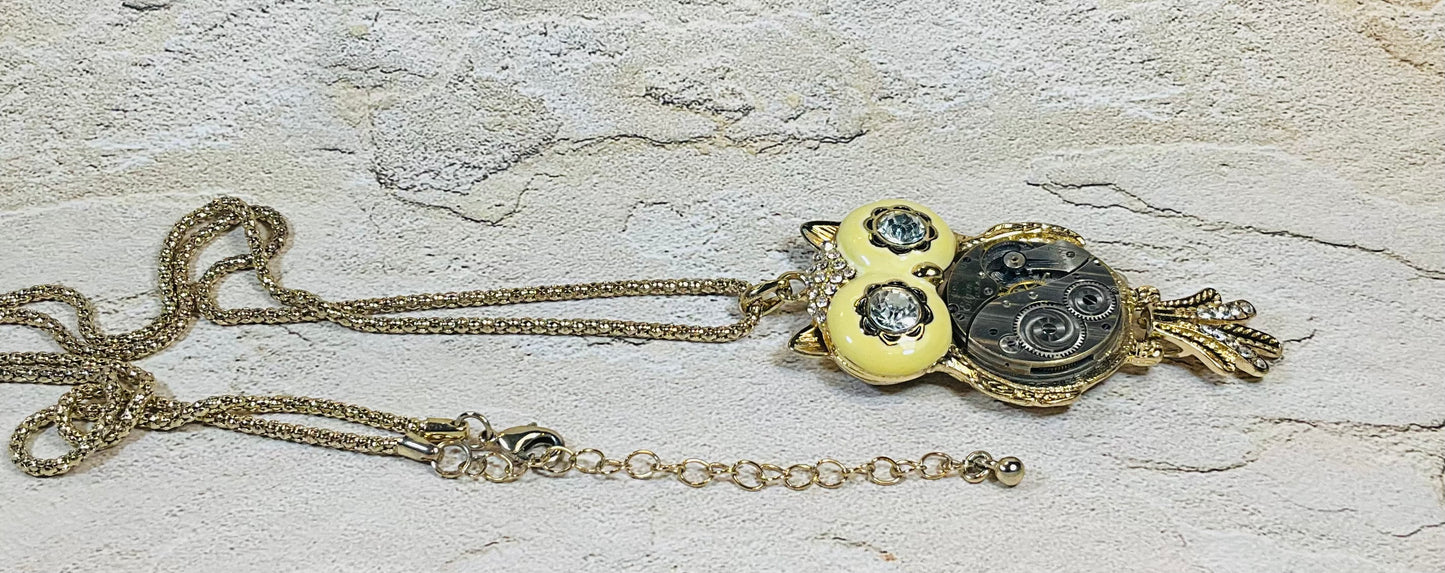 Owl recycled parts necklace pocket watch vintage jewelry