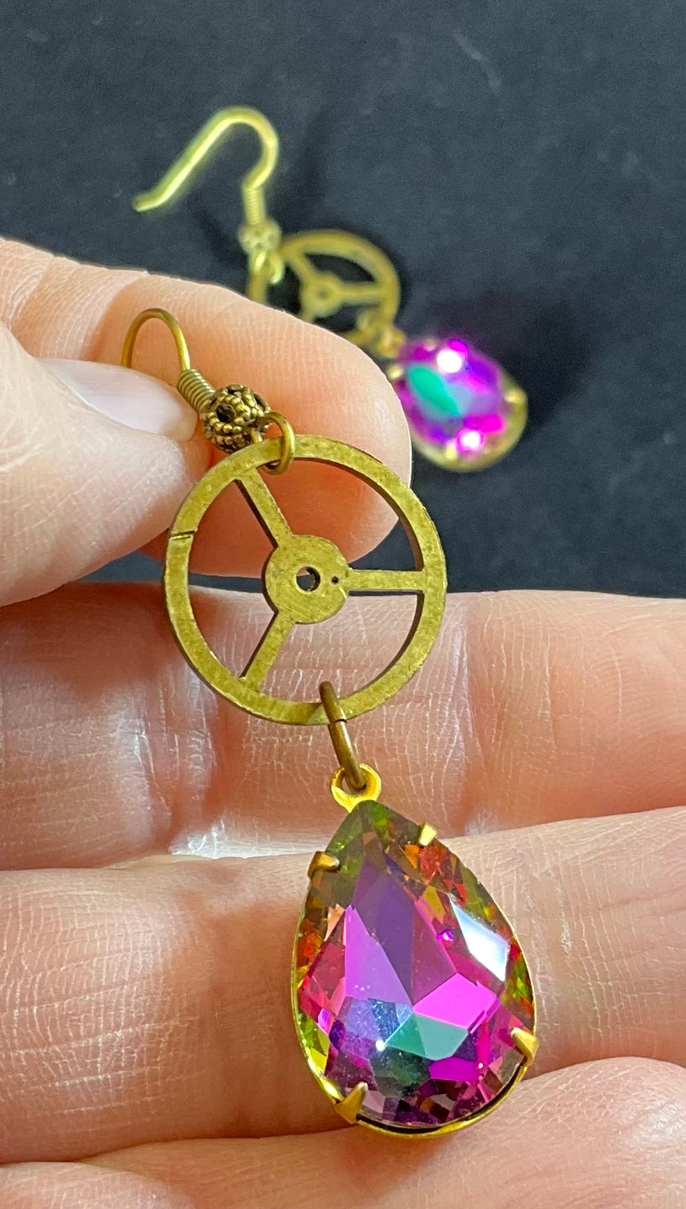 vintage watch parts and bling drop earrings