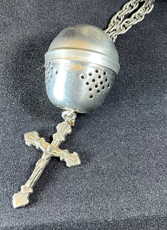 vintage tea ball and rosary necklace
