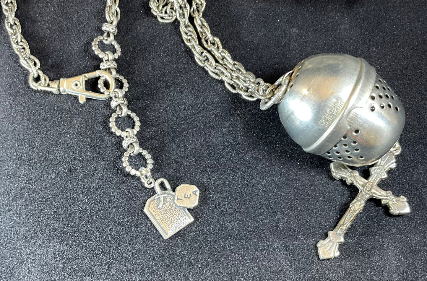 vintage tea ball and rosary necklace