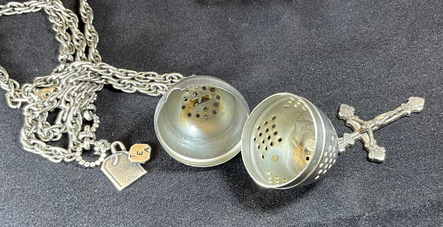 vintage tea ball and rosary necklace
