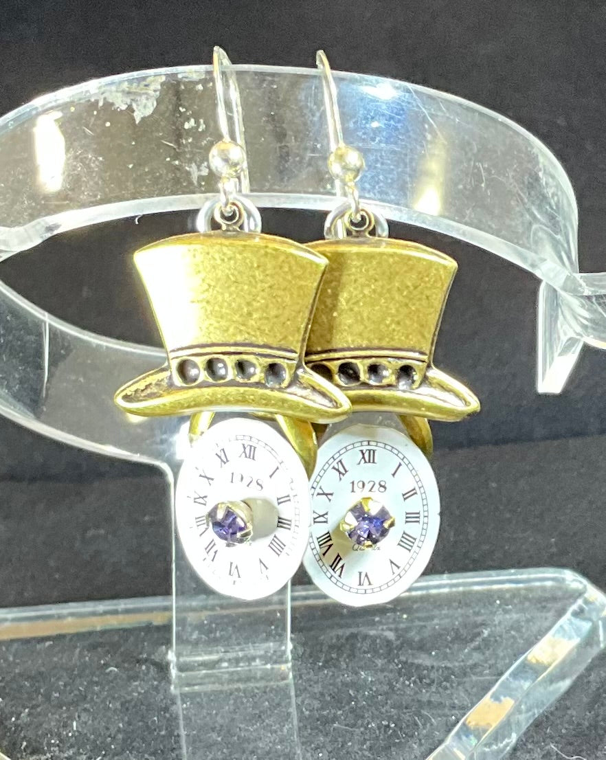 top hat watch face earrings