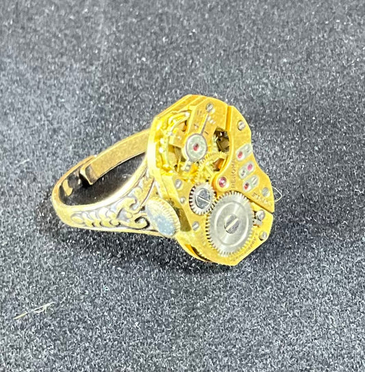 gold tone vintage watch movement ring