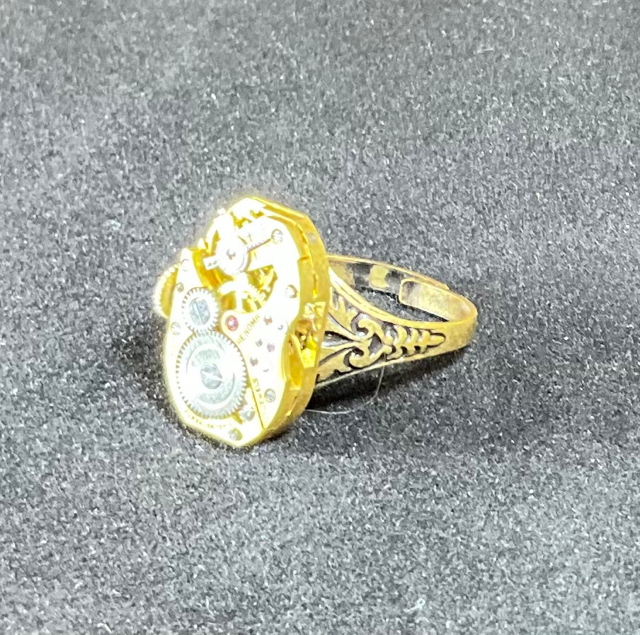 gold tone vintage watch movement ring