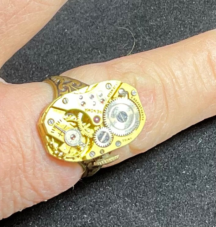 gold tone vintage watch movement ring