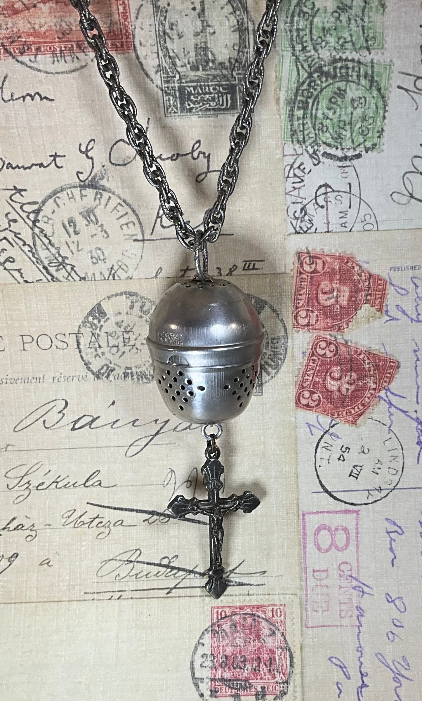 vintage tea ball and rosary necklace