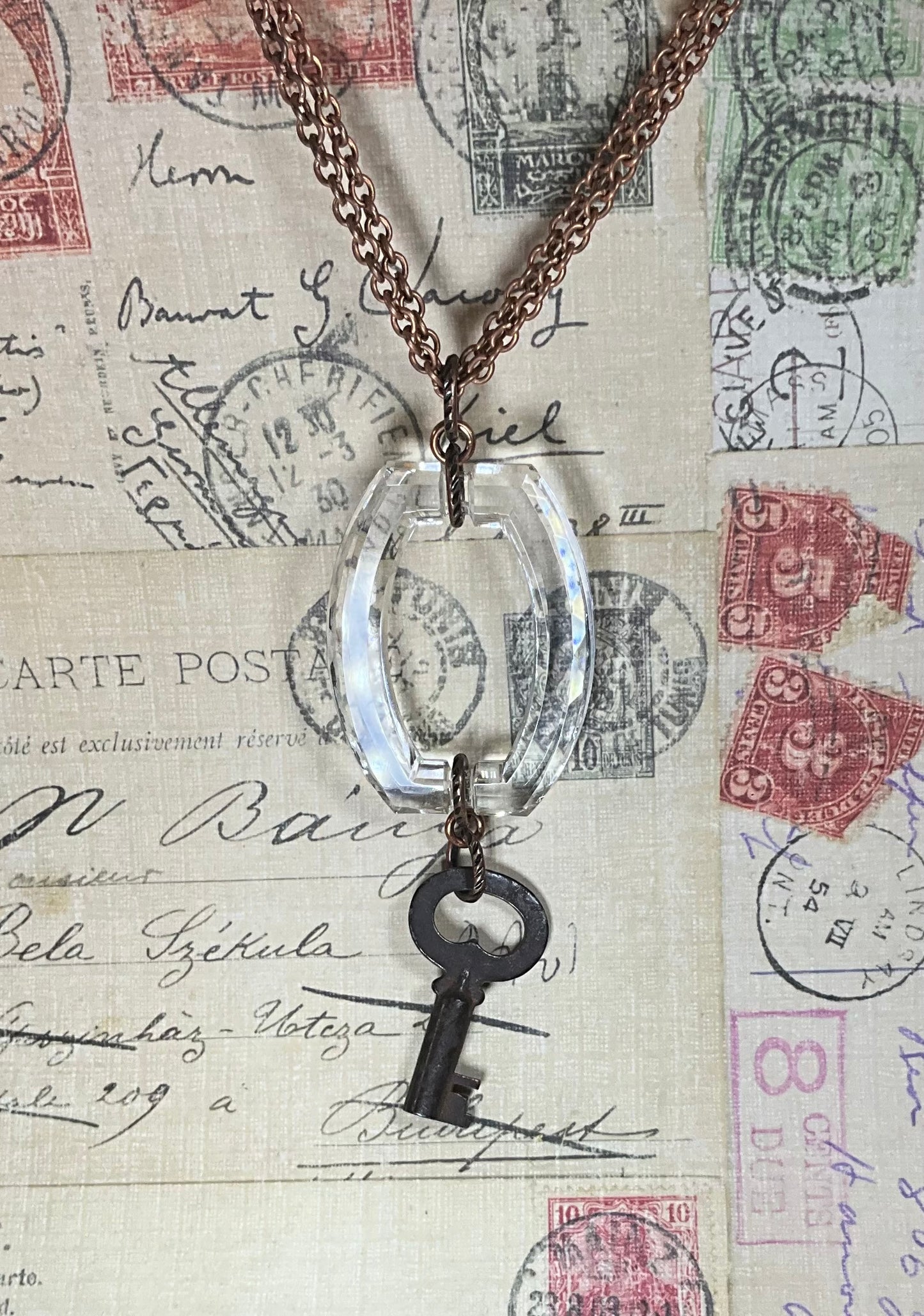vintage 1920's glass bezel buckle and key necklace