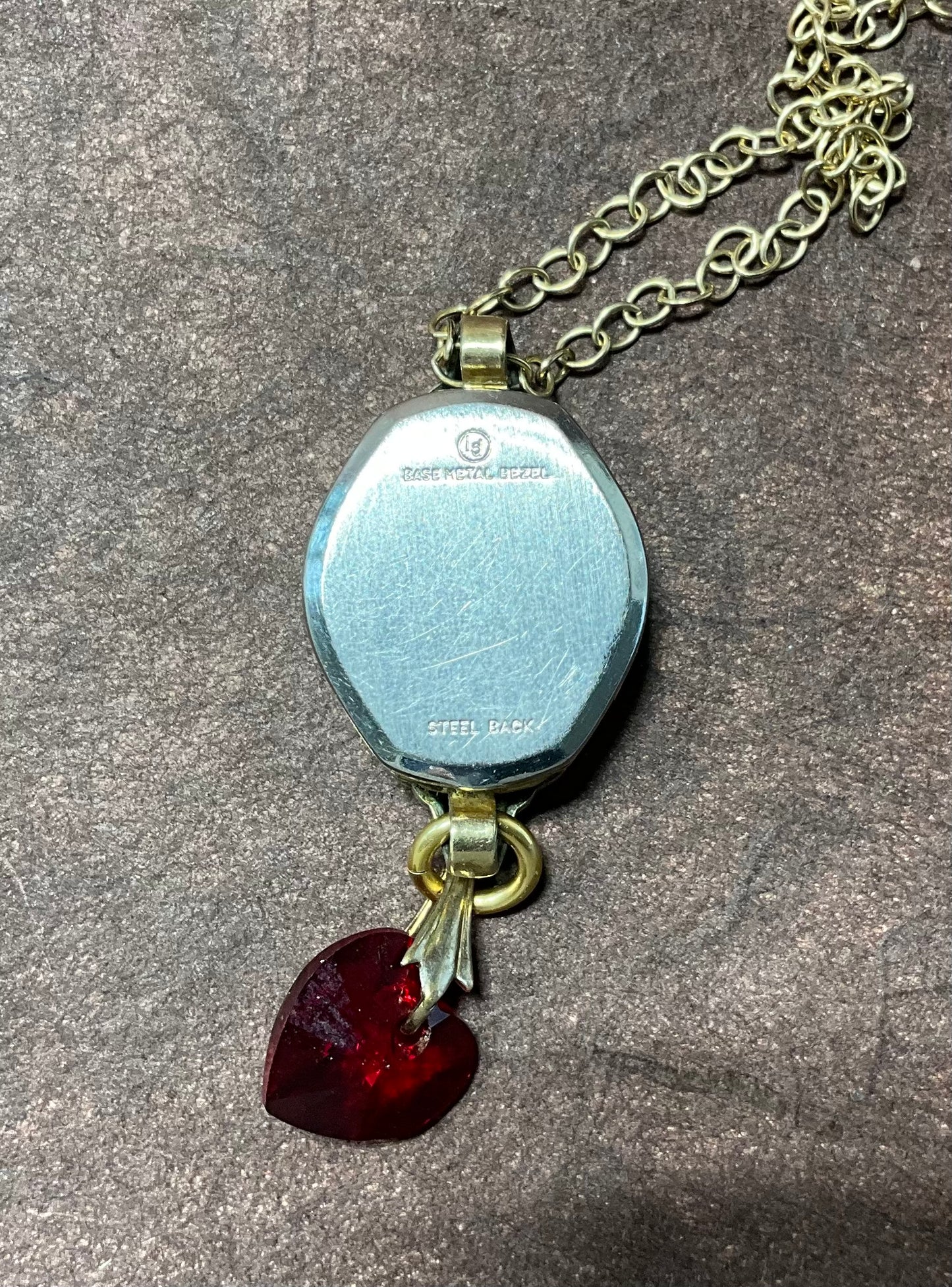 vintage fold filled watch case and red crystal heart necklace