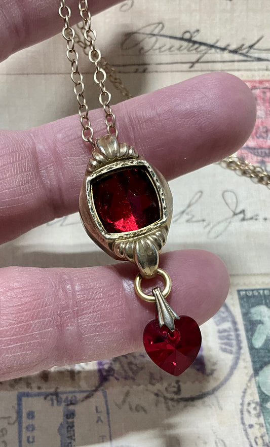 vintage fold filled watch case and red crystal heart necklace