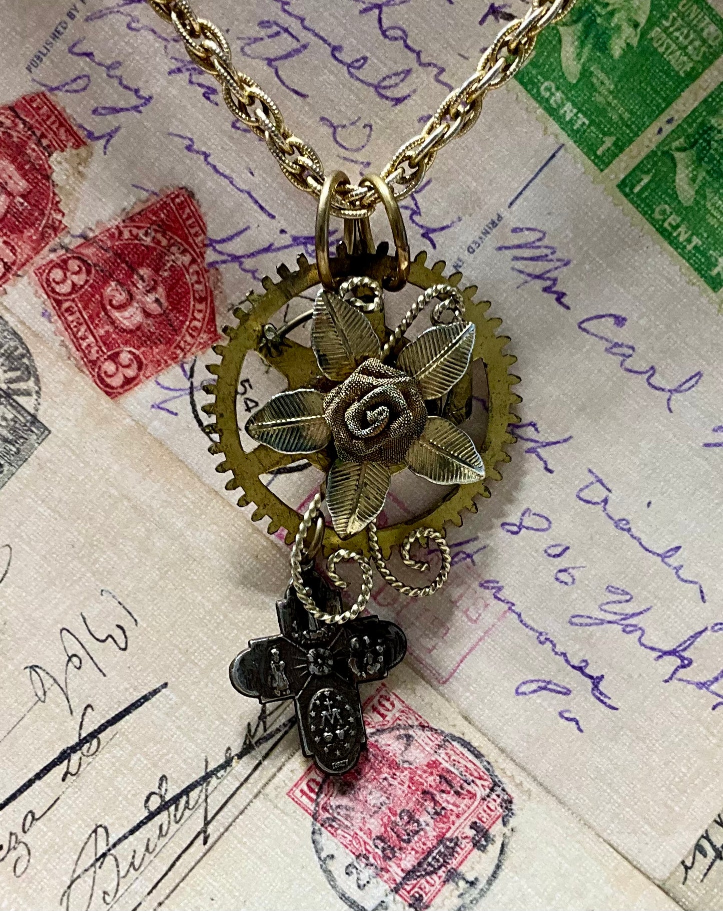 vintage flower cross and gear necklace