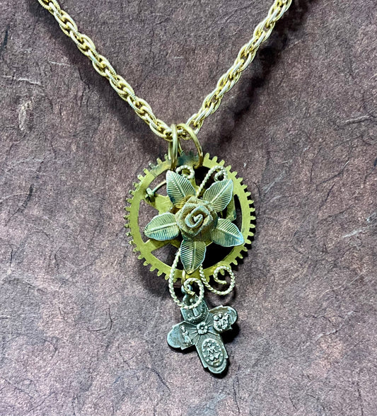 vintage flower cross and gear necklace