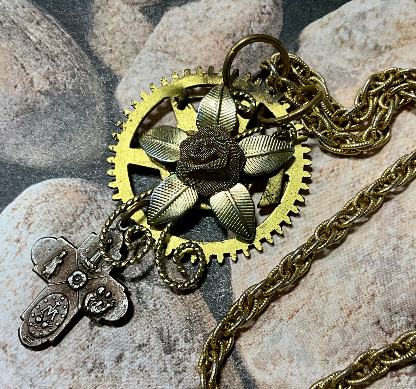 vintage flower cross and gear necklace