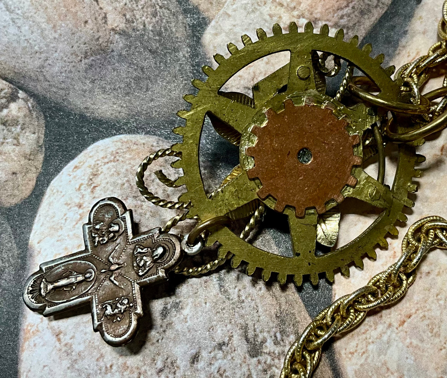 vintage flower cross and gear necklace