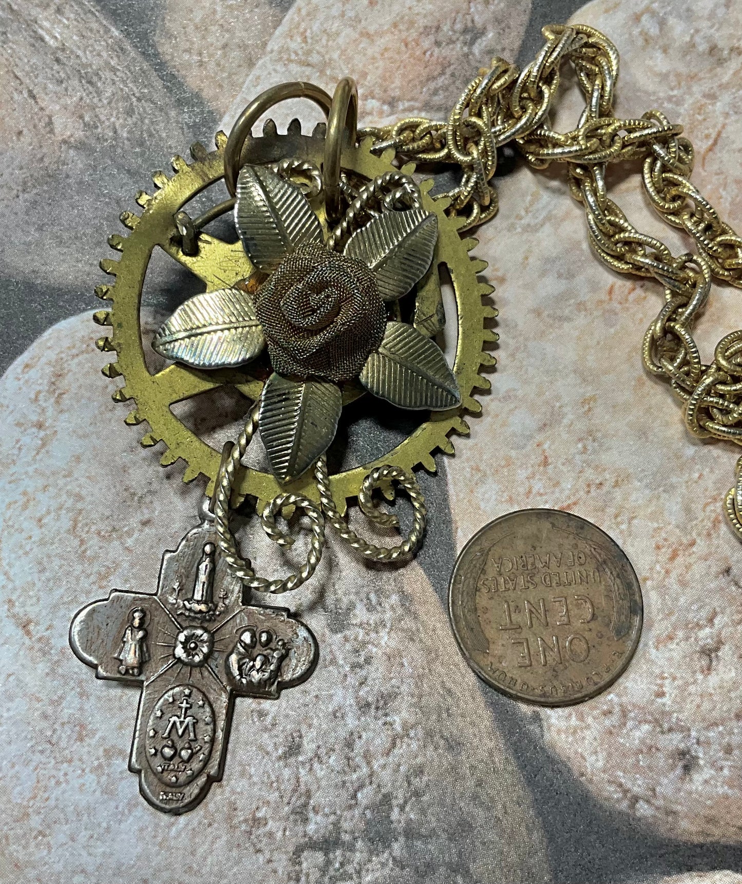 vintage flower cross and gear necklace