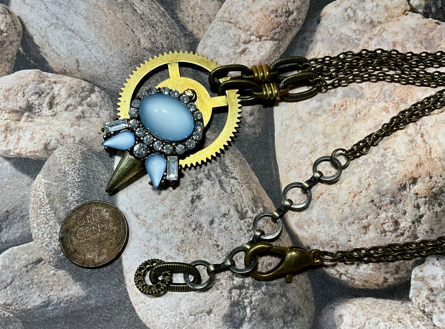 recycled necklace part and antique clock gear necklace in blue and crystals