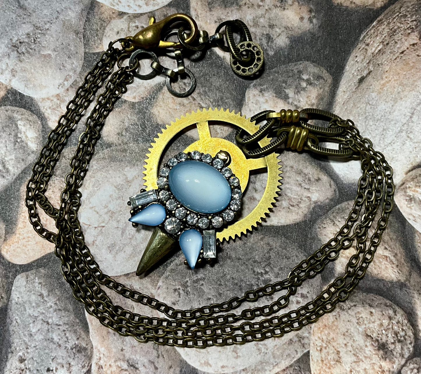 recycled necklace part and antique clock gear necklace in blue and crystals