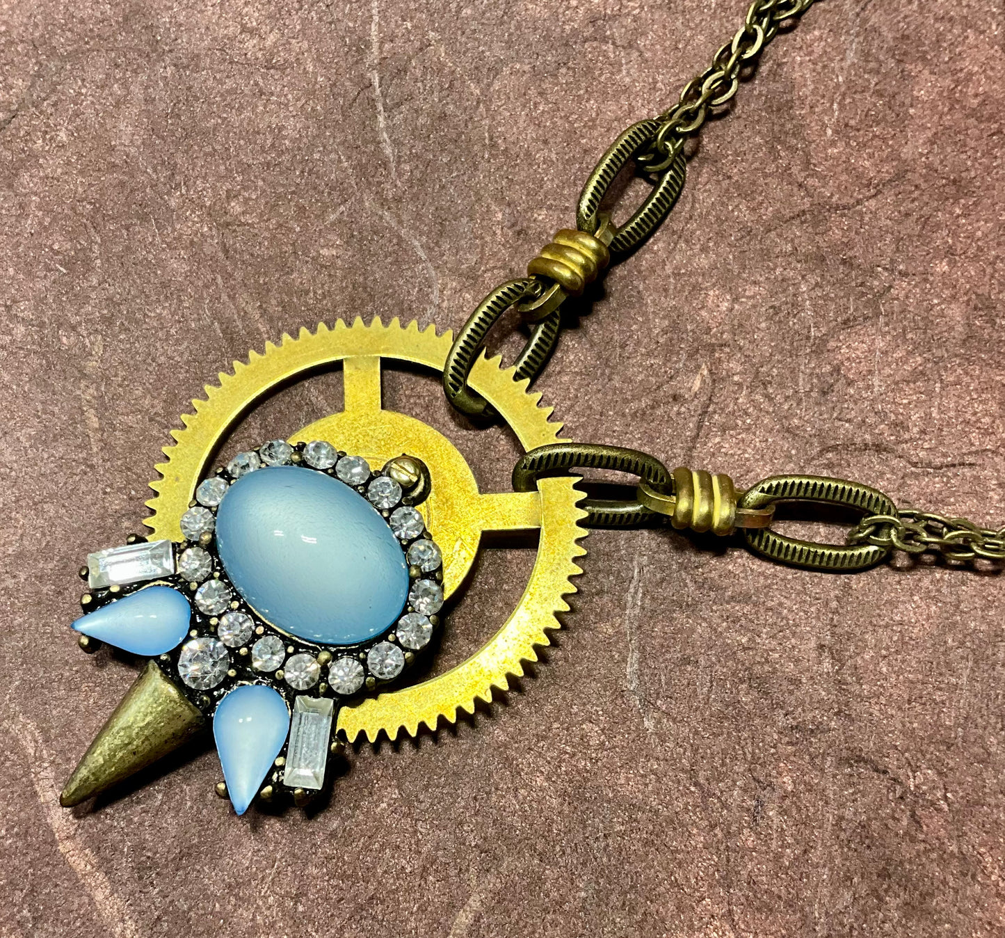 recycled necklace part and antique clock gear necklace in blue and crystals
