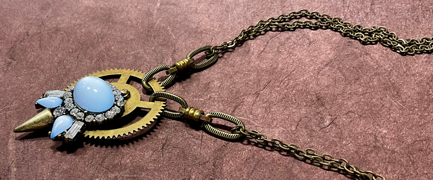 recycled necklace part and antique clock gear necklace in blue and crystals