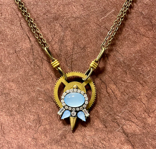 recycled necklace part and antique clock gear necklace in blue and crystals
