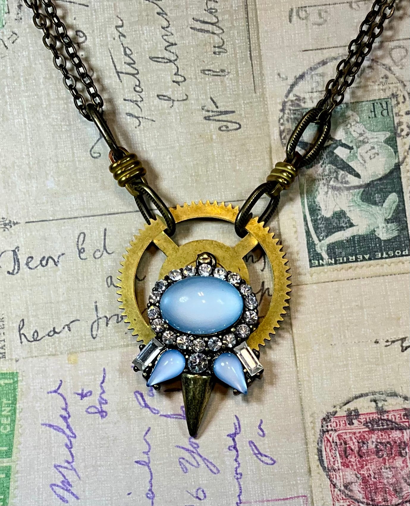 recycled necklace part and antique clock gear necklace in blue and crystals