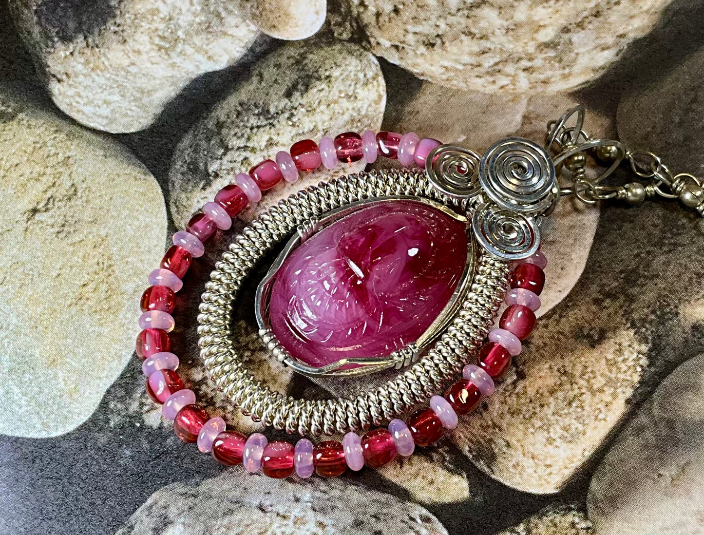 wire wrapped vintage scarab pink cabochon upcycled chain