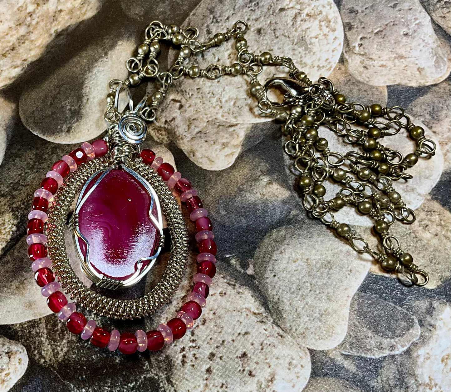 wire wrapped vintage scarab pink cabochon upcycled chain