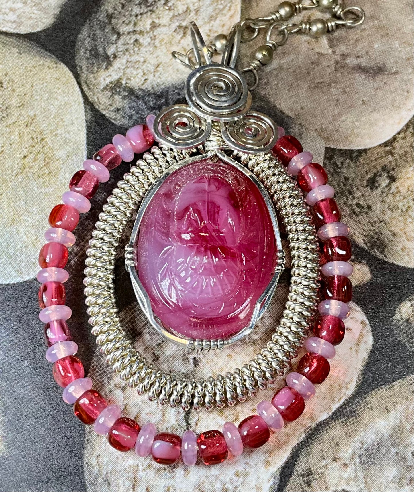 wire wrapped vintage scarab pink cabochon upcycled chain