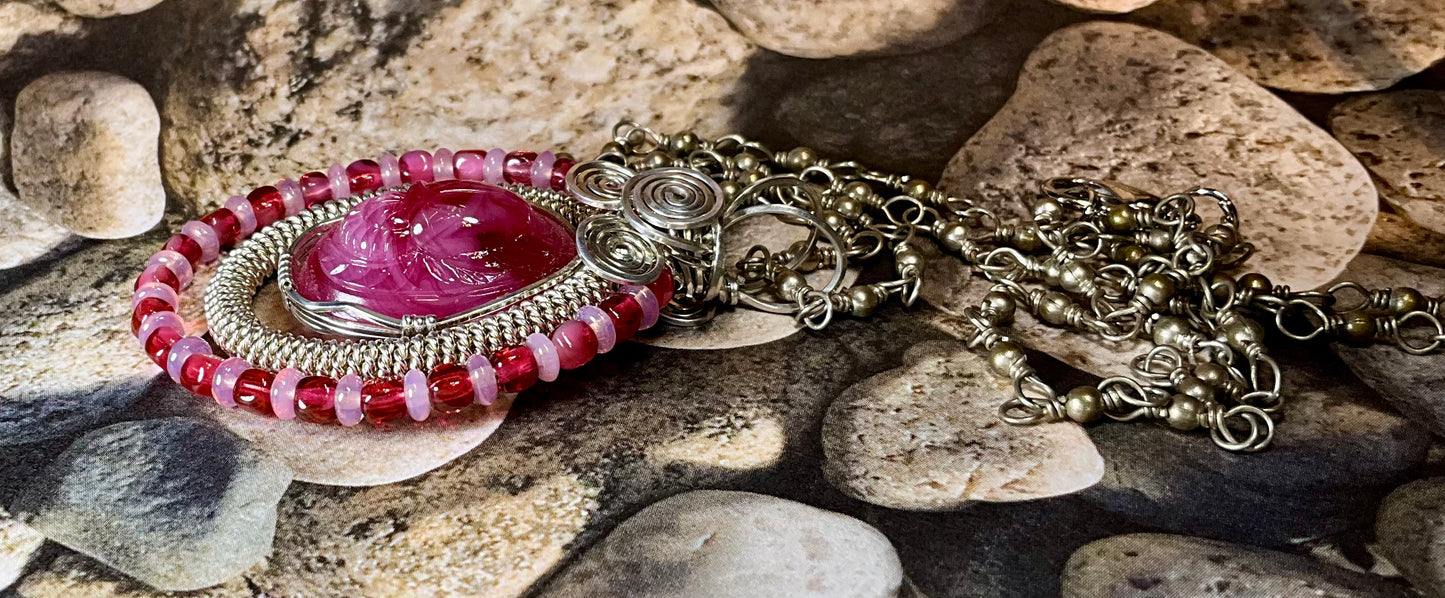 wire wrapped vintage scarab pink cabochon upcycled chain