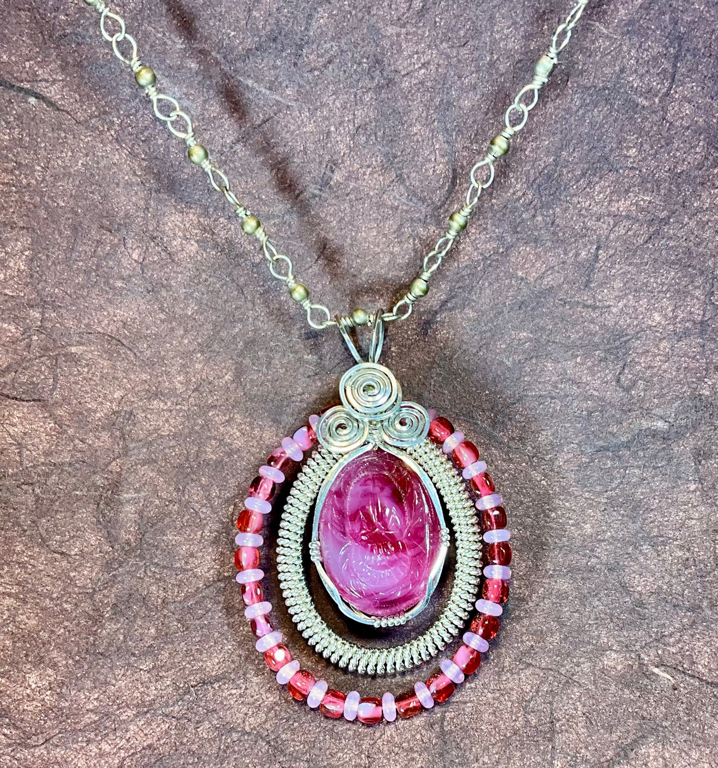 wire wrapped vintage scarab pink cabochon upcycled chain
