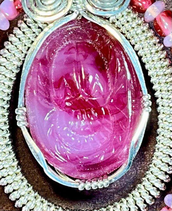 wire wrapped vintage scarab pink cabochon upcycled chain