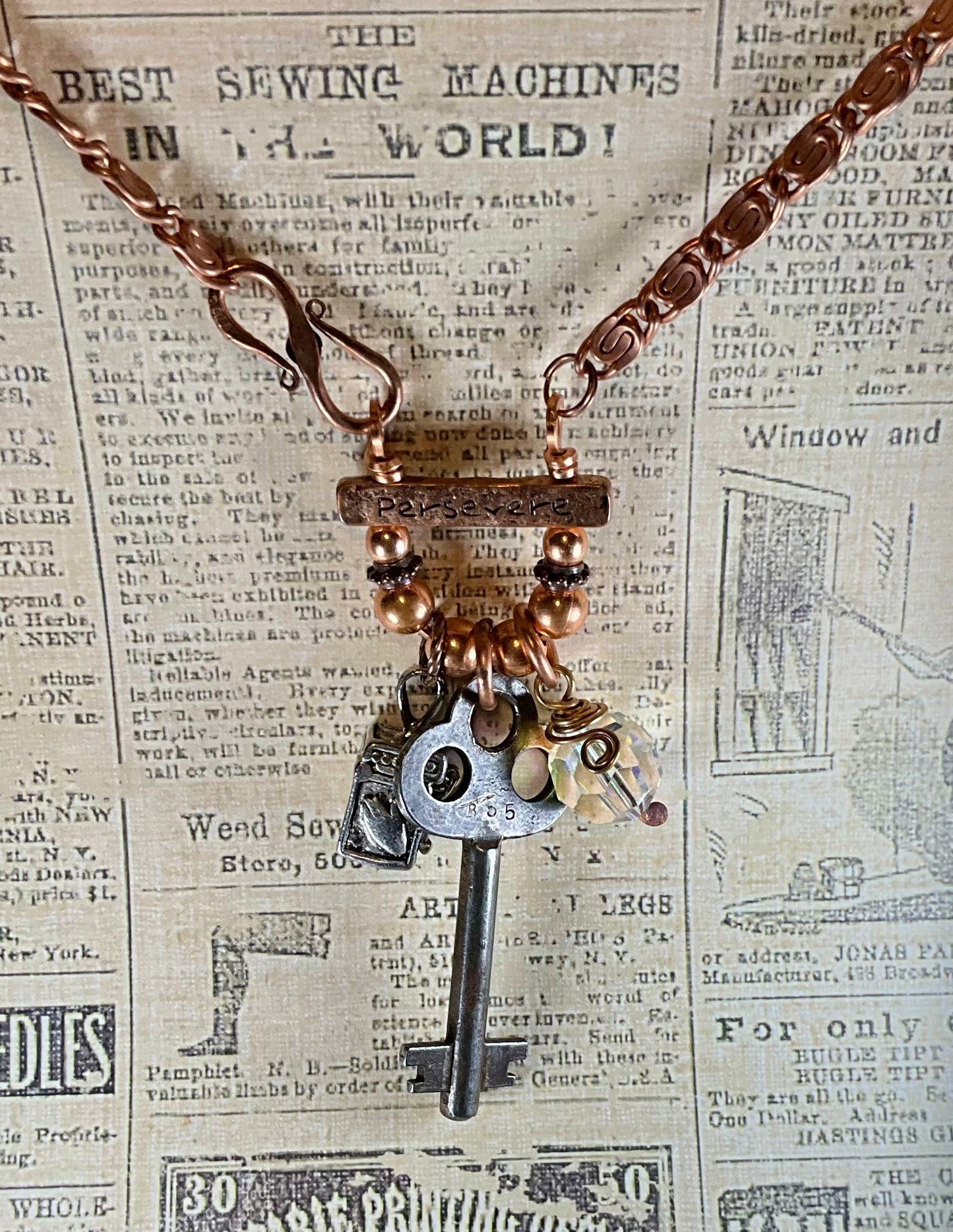 key prayer box crystal Persevere necklace in copper