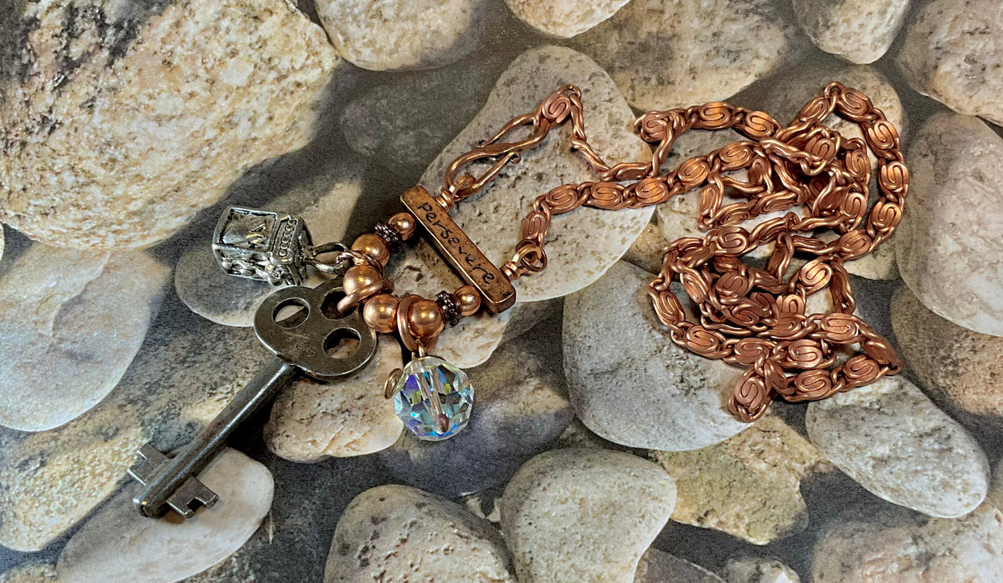 key prayer box crystal Persevere necklace in copper
