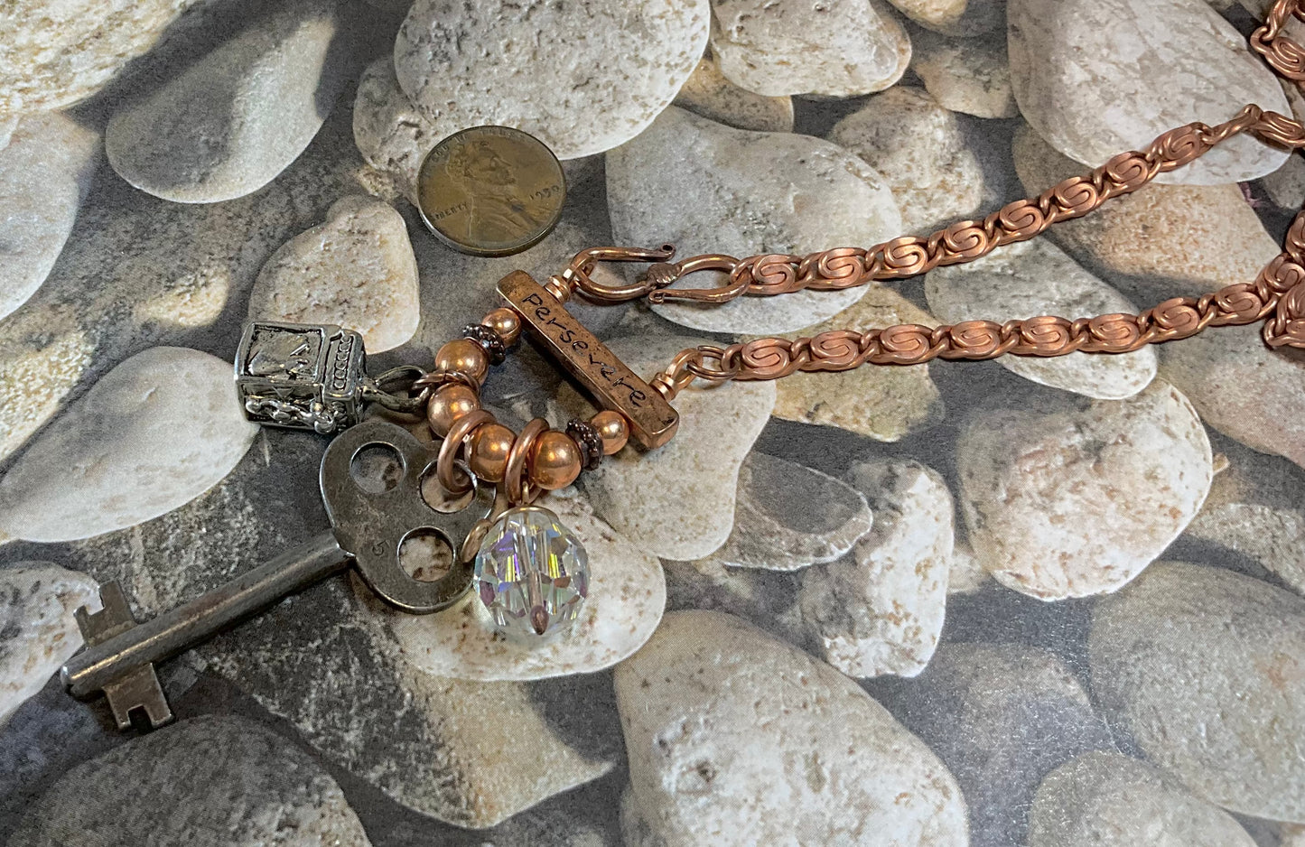 key prayer box crystal Persevere necklace in copper