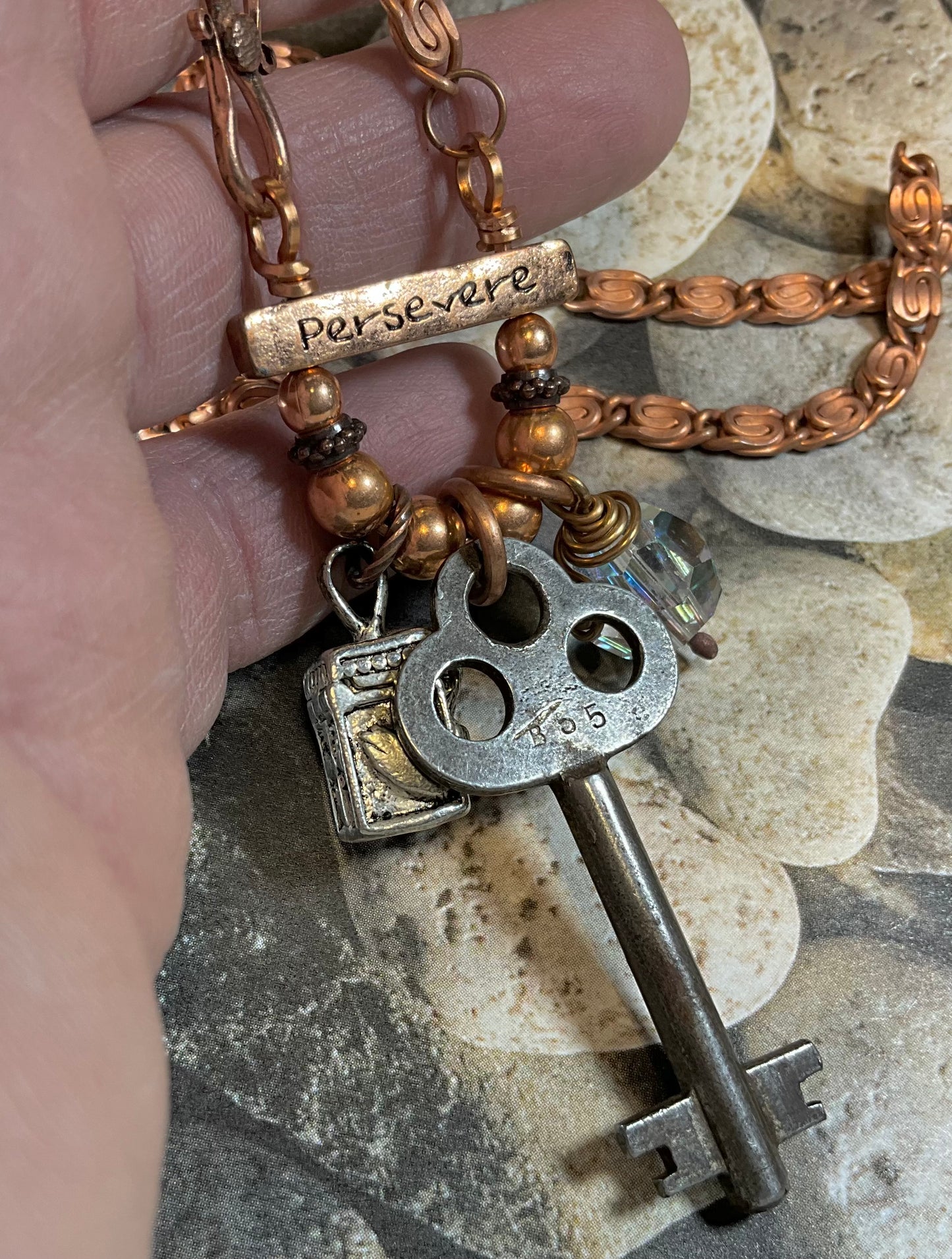 key prayer box crystal Persevere necklace in copper