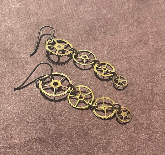 cascading watch gears earrings
