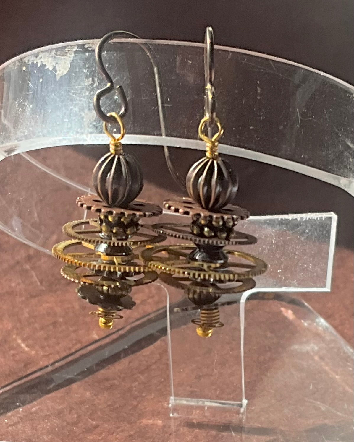 stacked antique watch gears earrings