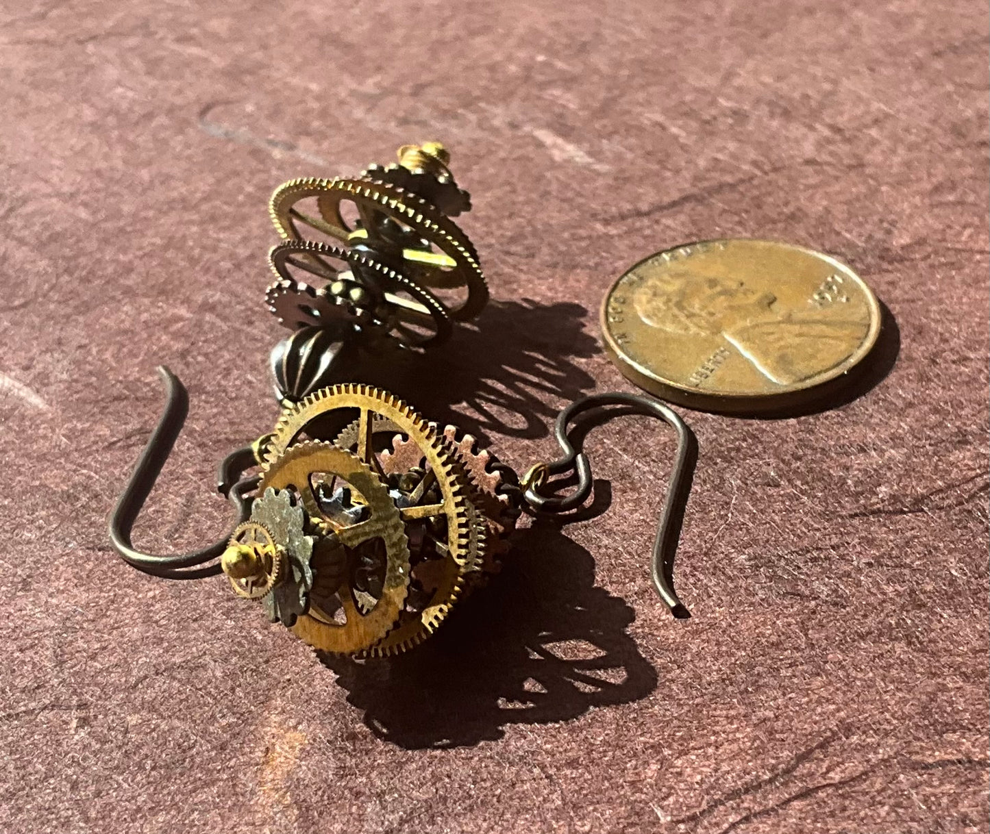 stacked antique watch gears earrings