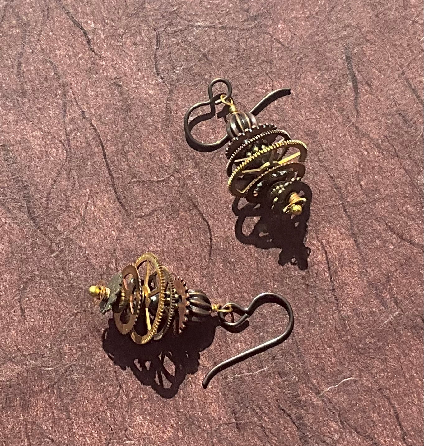 stacked antique watch gears earrings