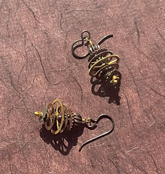 stacked antique watch gears earrings