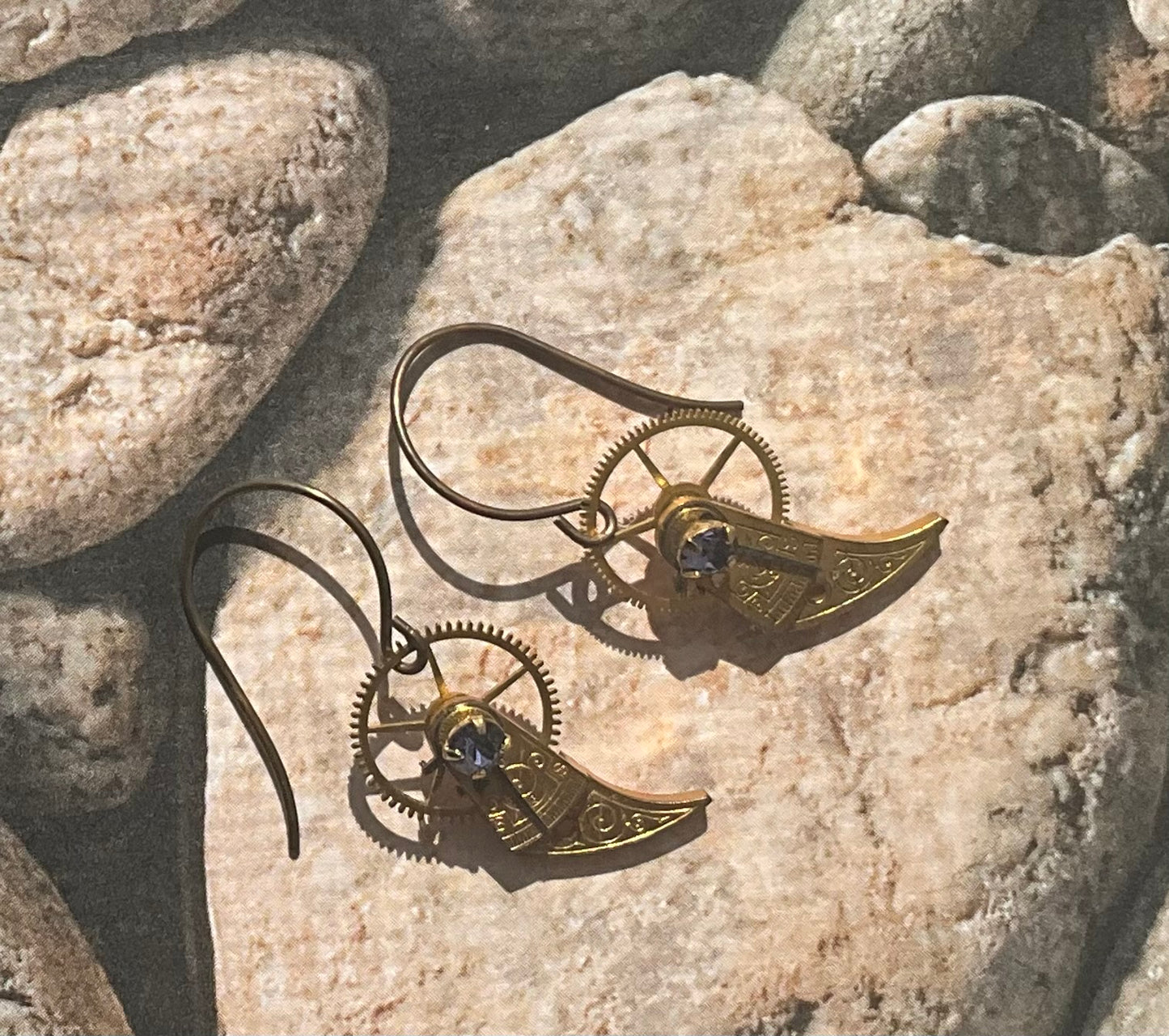 antique pocket watch regulator earrings in gold and tanzanite