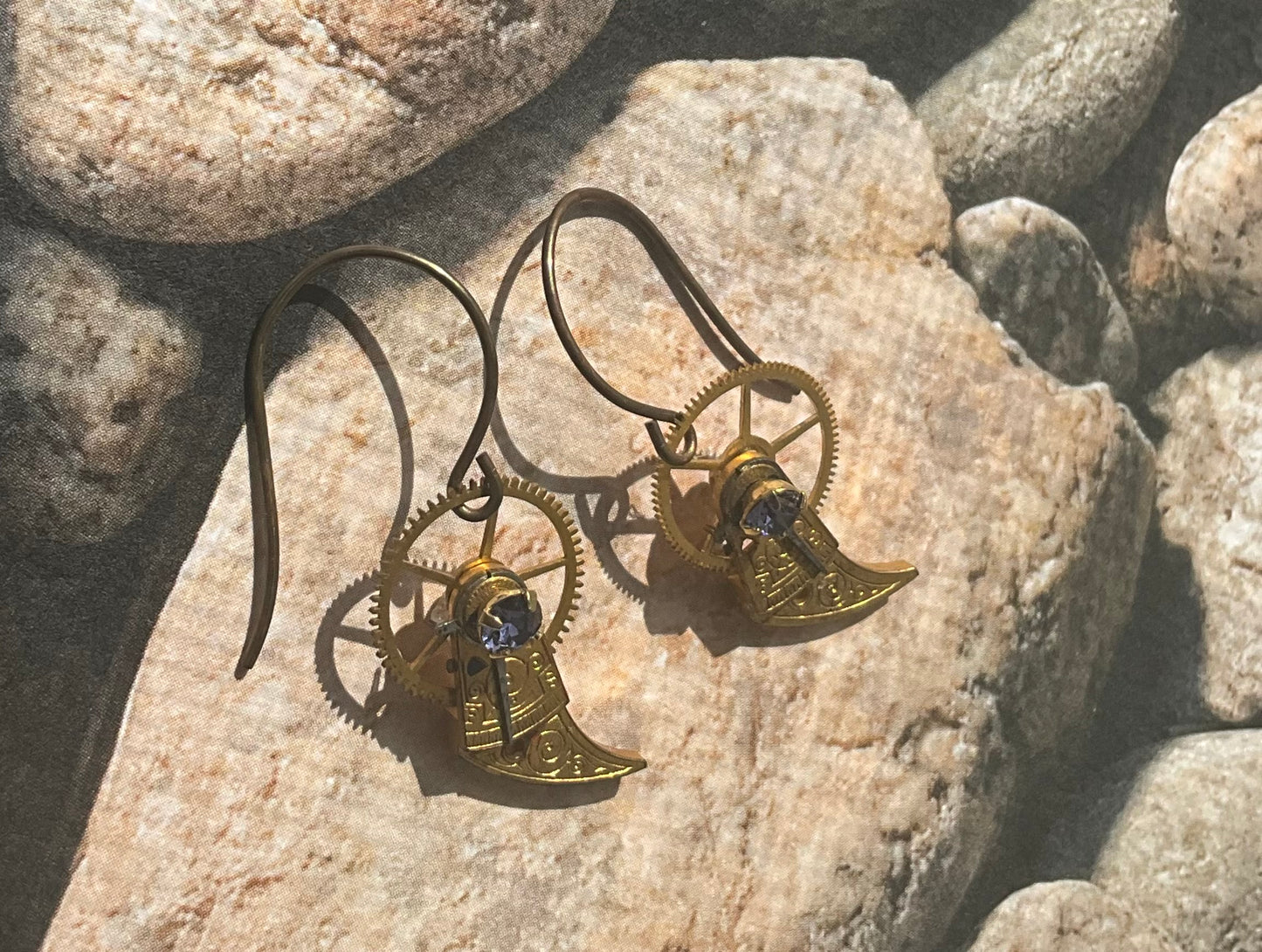antique pocket watch regulator earrings in gold and tanzanite