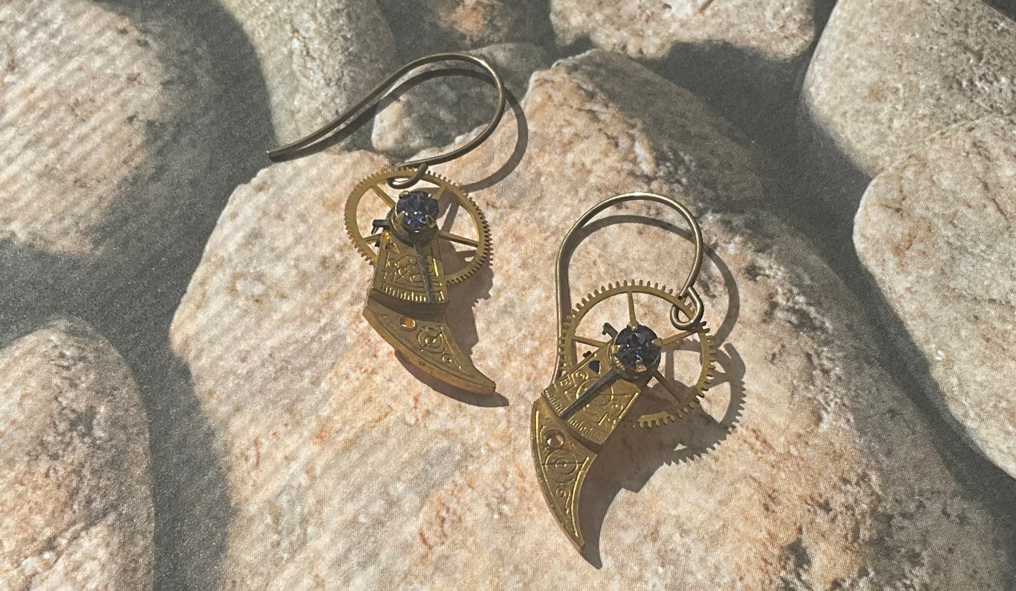 antique pocket watch regulator earrings in gold and tanzanite