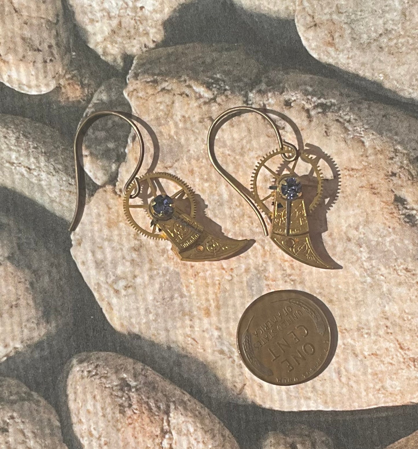 antique pocket watch regulator earrings in gold and tanzanite