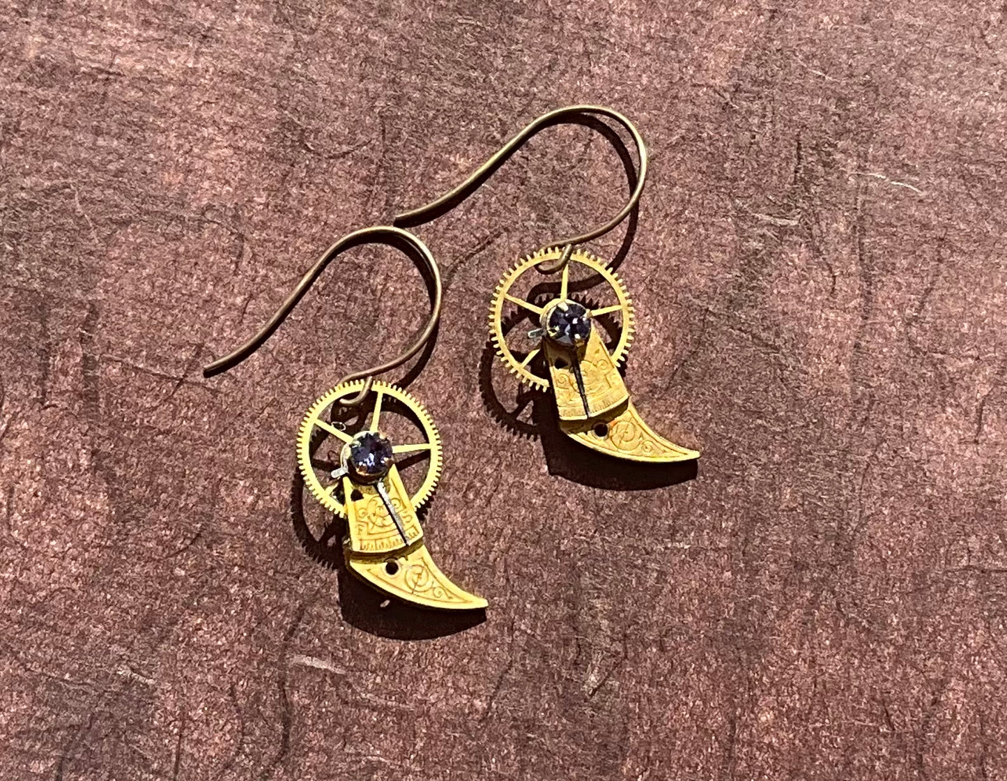 antique pocket watch regulator earrings in gold and tanzanite