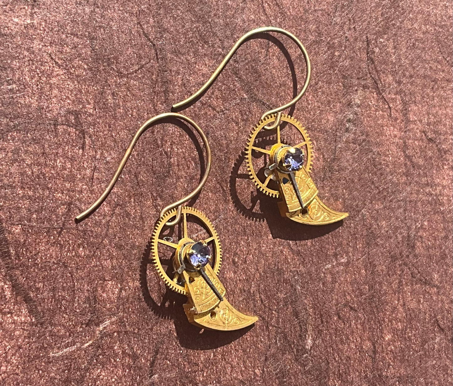 antique pocket watch regulator earrings in gold and tanzanite