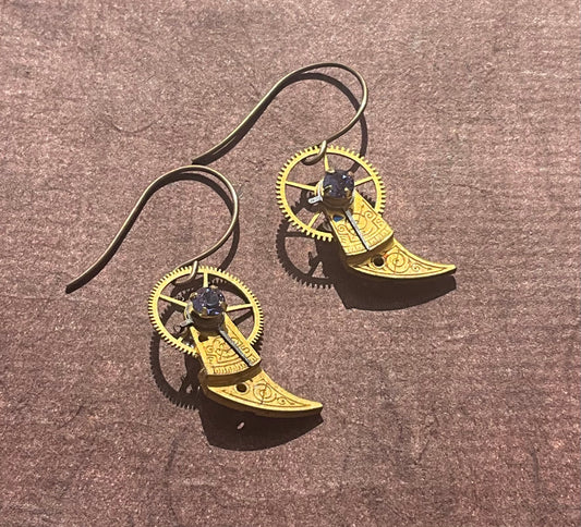 antique pocket watch regulator earrings in gold and tanzanite